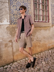 Burgundy Red Regular Fit Stripe Short Sleeve Lyocel Cotton Blend Smart Shirt - Image 7 of 10