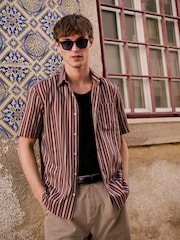 Burgundy Red Regular Fit Stripe Short Sleeve Lyocel Cotton Blend Smart Shirt - Image 8 of 10