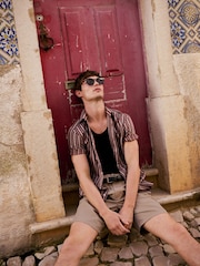 Burgundy Red Regular Fit Stripe Short Sleeve Lyocel Cotton Blend Smart Shirt - Image 9 of 10