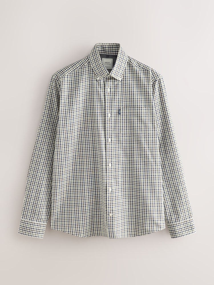 Neutral Brown/Navy Gingham Check Regular Fit Easy Iron Button Down Oxford Shirt - Image 1 of 3