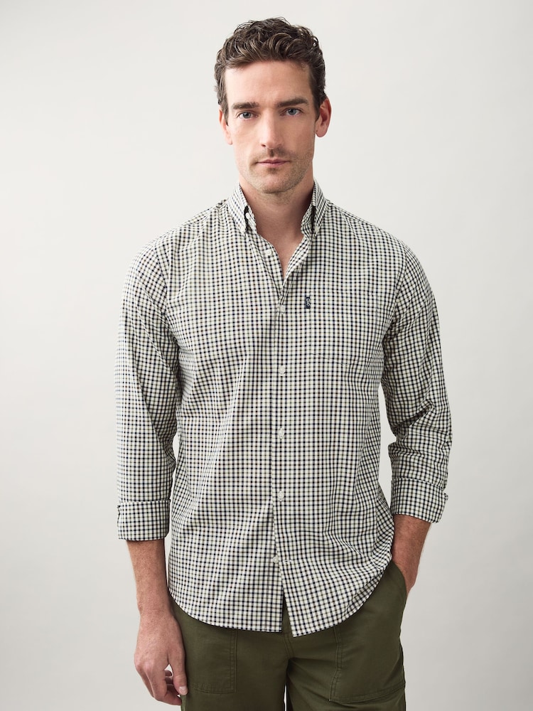 Neutral Brown/Navy Gingham Check Regular Fit Easy Iron Button Down Oxford Shirt - Image 1 of 8 Neutral Brown/Navy Gingham Check Regular Fit Easy Iron Button Down Oxford Shirt - Image 1 of 8