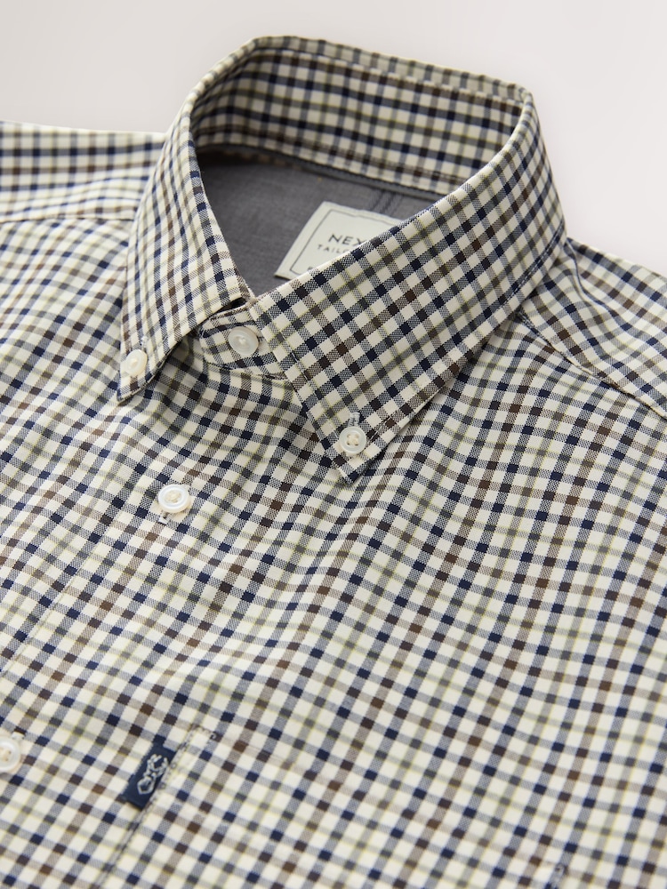 Neutral Brown/Navy Gingham Check Regular Fit Easy Iron Button Down Oxford Shirt - Image 2 of 3