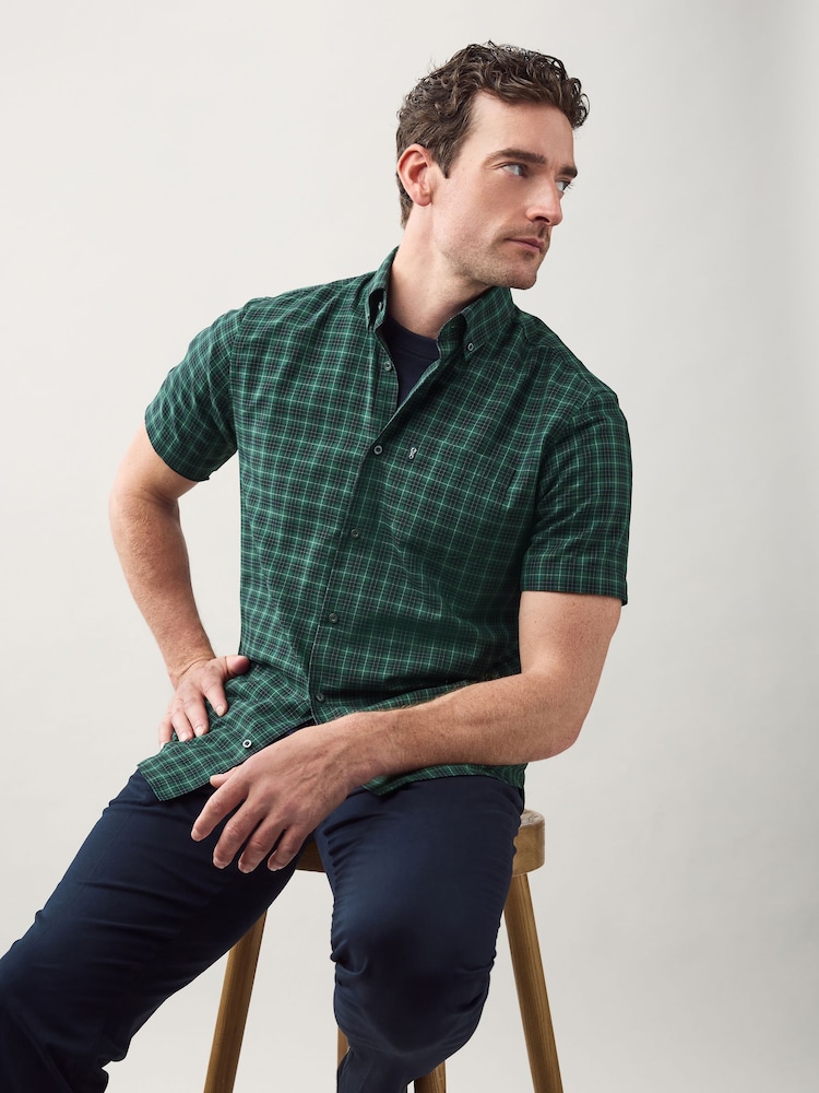 Black/Green Mini Check Easy Iron Button Down Short Sleeve Oxford Shirt - Image 4 of 7