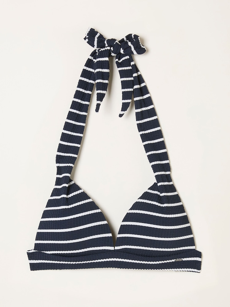 FatFace Cody Navy Textured Breton Stripe Bikini Top - Image 1 of 1 FatFace Cody Navy Textured Breton Stripe Bikini Top - Image 1 of 1