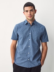 Azul oscuro - Short Sleeve Embroided Print Smart Shirt - Imagen 1 de 7