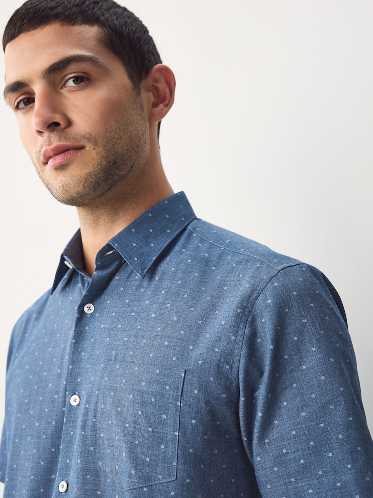 Dusky Blue Regular Fit Short Sleeve Embroided Print Smart Shirt - Image 4 of 7