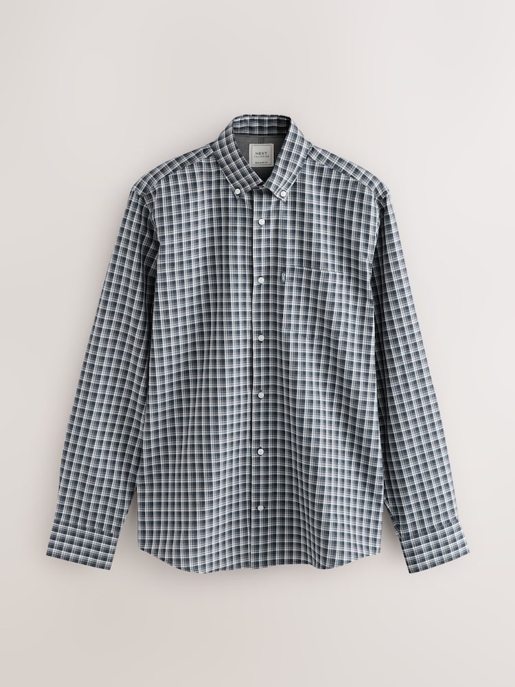 Navy Micro Check Regular Fit Easy Iron Button Down Oxford Shirt - Image 1 of 3