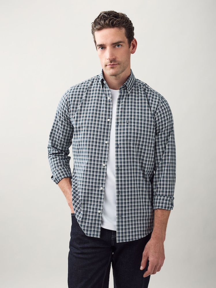 Navy Micro Check Regular Fit Easy Iron Button Down Oxford Shirt - Image 1 of 9 Navy Micro Check Regular Fit Easy Iron Button Down Oxford Shirt - Image 1 of 9