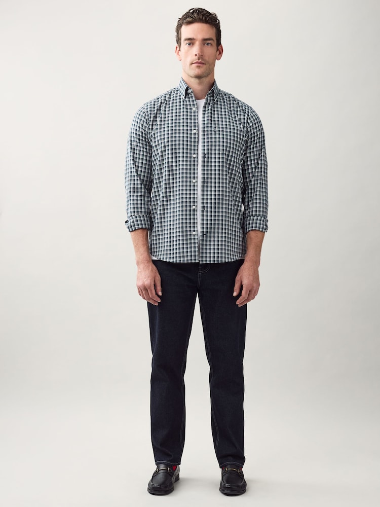 Navy Micro Check Regular Fit Easy Iron Button Down Oxford Shirt - Image 2 of 9 Navy Micro Check Regular Fit Easy Iron Button Down Oxford Shirt - Image 2 of 9
