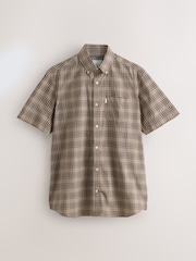 Neutral Brown Windowpane Check Easy Iron Button Down Short Sleeve Oxford Shirt - Image 1 of 3