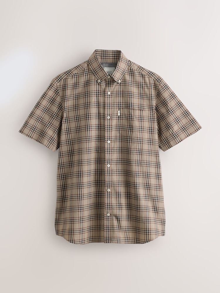 Neutral Brown Windowpane Check Easy Iron Button Down Short Sleeve Oxford Shirt - Image 1 of 3