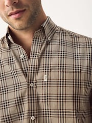 Neutral Brown Windowpane Check Easy Iron Button Down Short Sleeve Oxford Shirt - Image 4 of 7