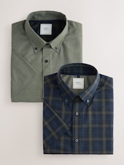Olive Green/ Blackwatch Check - Easy Iron Short Sleeve Oxford Shirts 2 Pack - Imagen 1 de 8