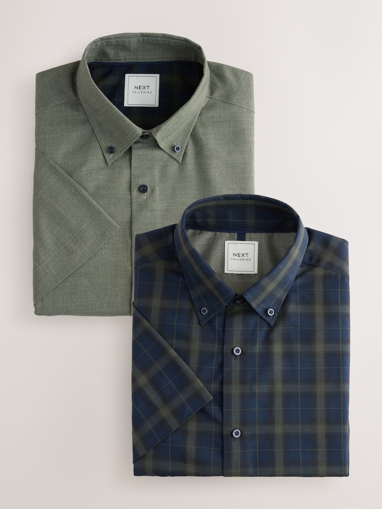 Olive Green/ Blackwatch Check - Easy Iron Short Sleeve Oxford Shirts 2 Pack - Imagen 1 de 8