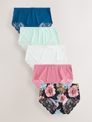 Black Floral Print Midi No VPL Lace Back Briefs 5 Pack - Image 1 of 8