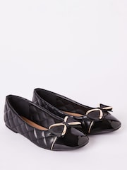 Lipsy Black Faux Leather Flat Slip On Quilted Bow Ballerina School Shoes - Image 1 of 4