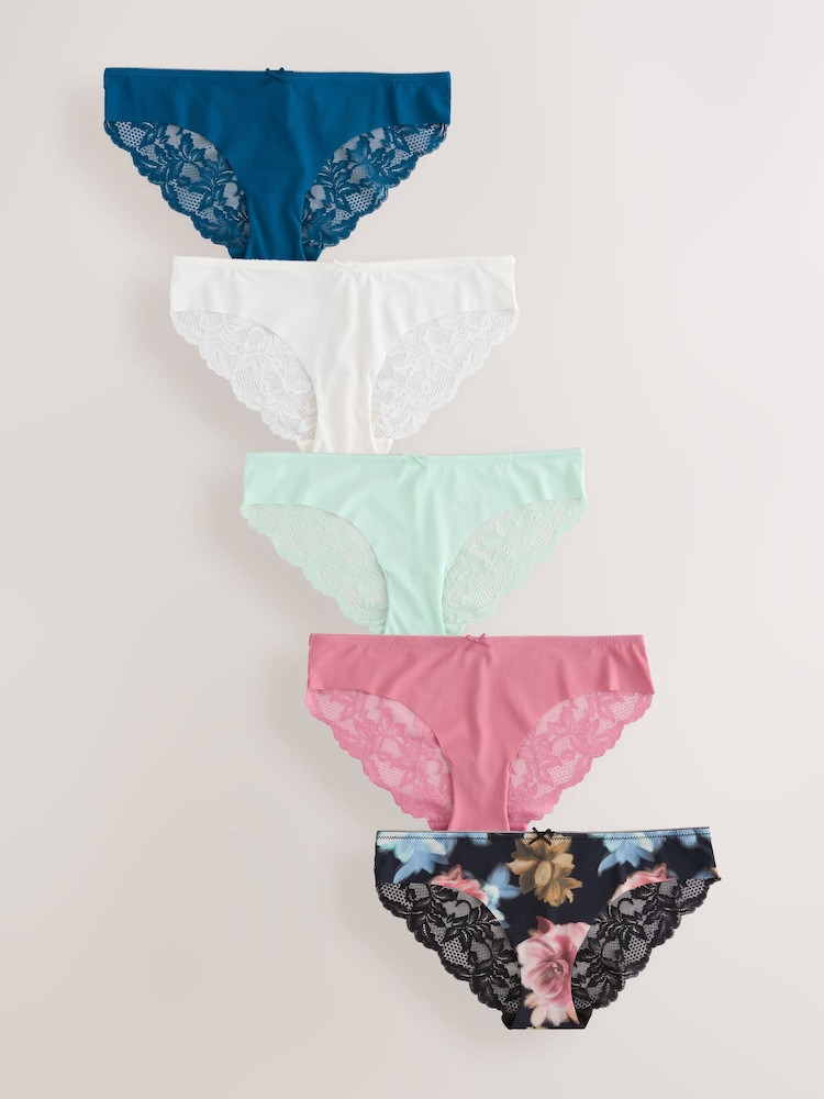Black Floral Print Brazilian No VPL Lace Back Briefs 5 Pack - Image 1 of 8