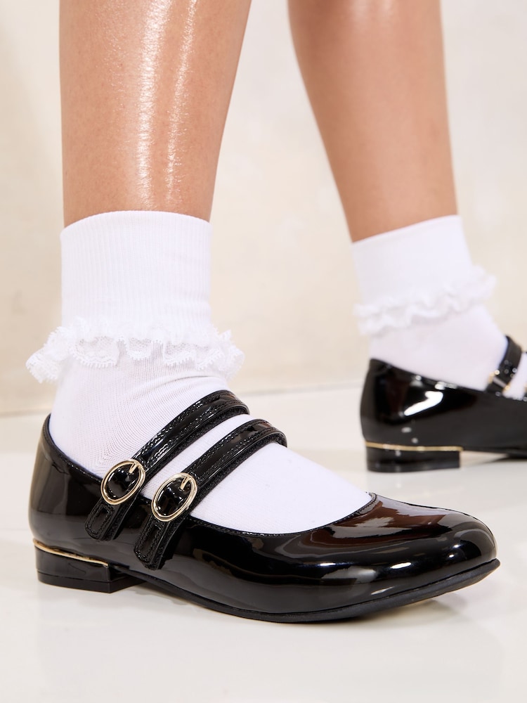 Lipsy Black Block Heel Double Strap Ballerina Mary Jane Faux Leather School Shoes - Image 1 of 4