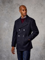 Skopes Blue Tailored Fit Double Breasted Russell Pea Coat - Image 1 of 7