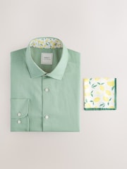 Green Marl Slim Fit Summer Cotton Blend Smart Shirt And Pocket Square Pack - Image 1 of 3