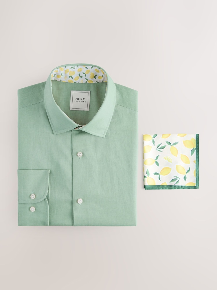 Green Marl Slim Fit Summer Cotton Blend Smart Shirt And Pocket Square Pack - Image 1 of 3