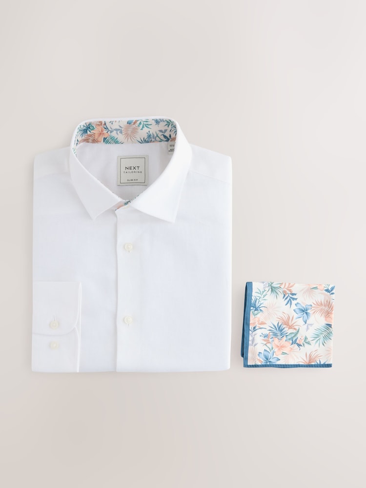 White Texture Slim Fit Summer Cotton Blend Smart Shirt And Pocket Square Pack - Image 1 of 3
