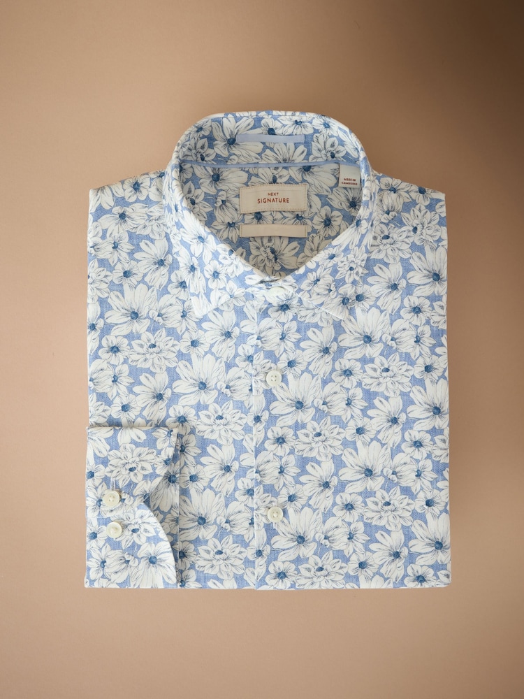 Sky Blue Slim Fit Signature 100% Cotton Floral Print Long Sleeve Shirt - Image 1 of 3