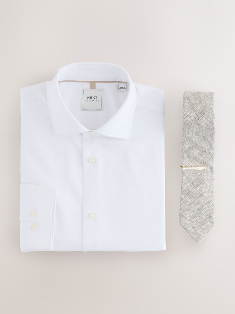 With/ Neutral Texture with Tie Clip Slim Fit Occasion Shirt And Tie - Image 1 of 3
