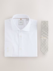 White/Neutral Brown Slim Fit Shirt, Tie and Mother of Pearl Tie Clip Set - Image 6 of 8