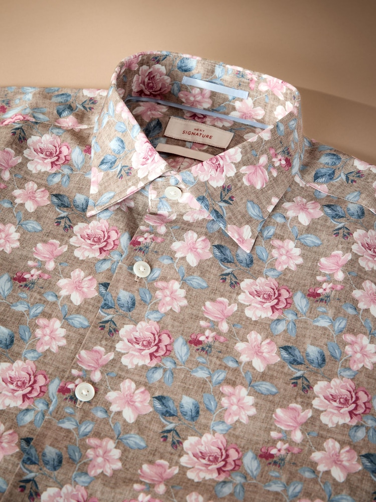 Neutral Brown/Pink Slim Fit Signature 100% Cotton Floral Print Long Sleeve Shirt - Image 3 of 3