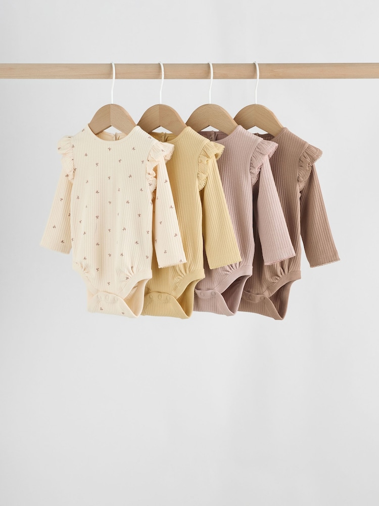 Purple/Yellow/Cream Ditsy Baby Long Sleeve Frill Bodysuits 4 Pack (0mths-2yrs) - Image 1 of 12