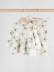 White/Blue Flower Baby Long Sleeve Frill Top And Leggings Set (0mths-2yrs) - Image 1 of 11