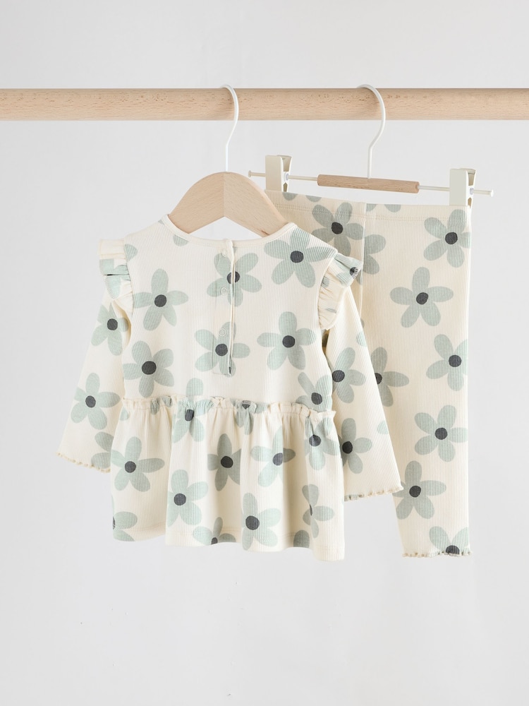 White/Blue Flower Baby Long Sleeve Frill Top And Leggings Set (0mths-2yrs) - Image 2 of 11
