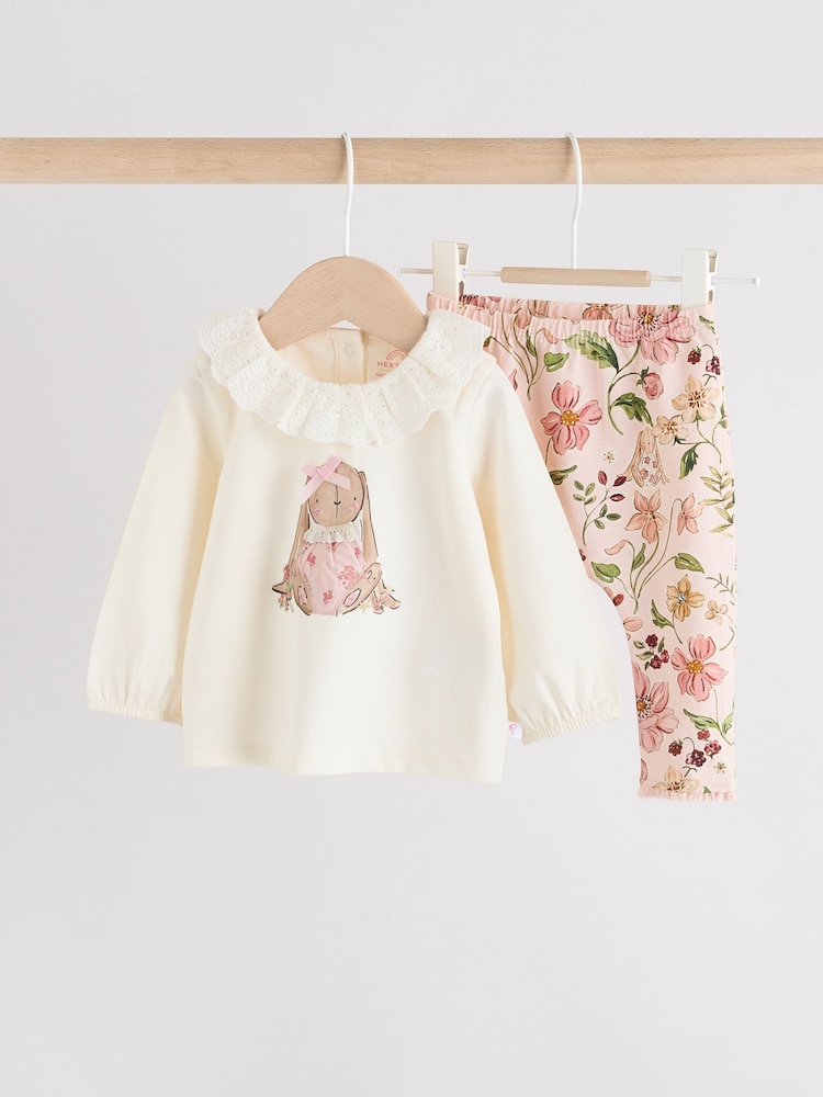 White/Pink/Bunny/Floral Baby Long Sleeve Top and Leggings Set - Image 1 of 15