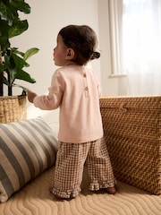 Pink/ Neutral Gingham Baby Long Sleeve Peplum Top and Trousers Set 2 Piece (0mths-2yrs) - Image 2 of 18