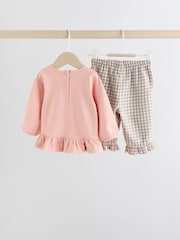 Pink/ Neutral Gingham Baby Long Sleeve Peplum Top and Trousers Set 2 Piece (0mths-2yrs) - Image 9 of 18