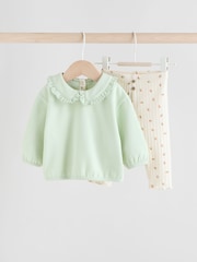 Sage Green/ Cream Ditsy Baby Frill Collar Sweater and Leggings 2 Piece Set (0mths-2yrs) - Image 1 of 12