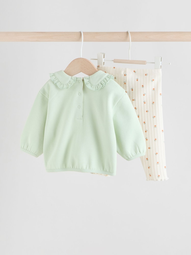 Sage Green/ Cream Ditsy Baby Frill Collar Sweater and Leggings 2 Piece Set (0mths-2yrs) - Image 2 of 12 Sage Green/ Cream Ditsy Baby Frill Collar Sweater and Leggings 2 Piece Set (0mths-2yrs) - Image 2 of 12
