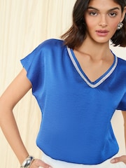 Friends Like These Blue V-Neck Diamante Trim Short Sleeve Blouse - Image 1 of 1