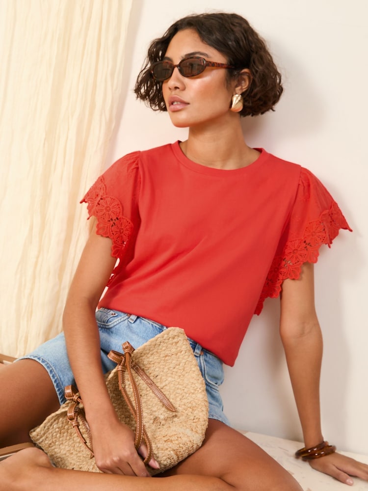 Friends Like These Coral Broderie Flutter 100% Cotton T-Shirt - Image 1 of 4