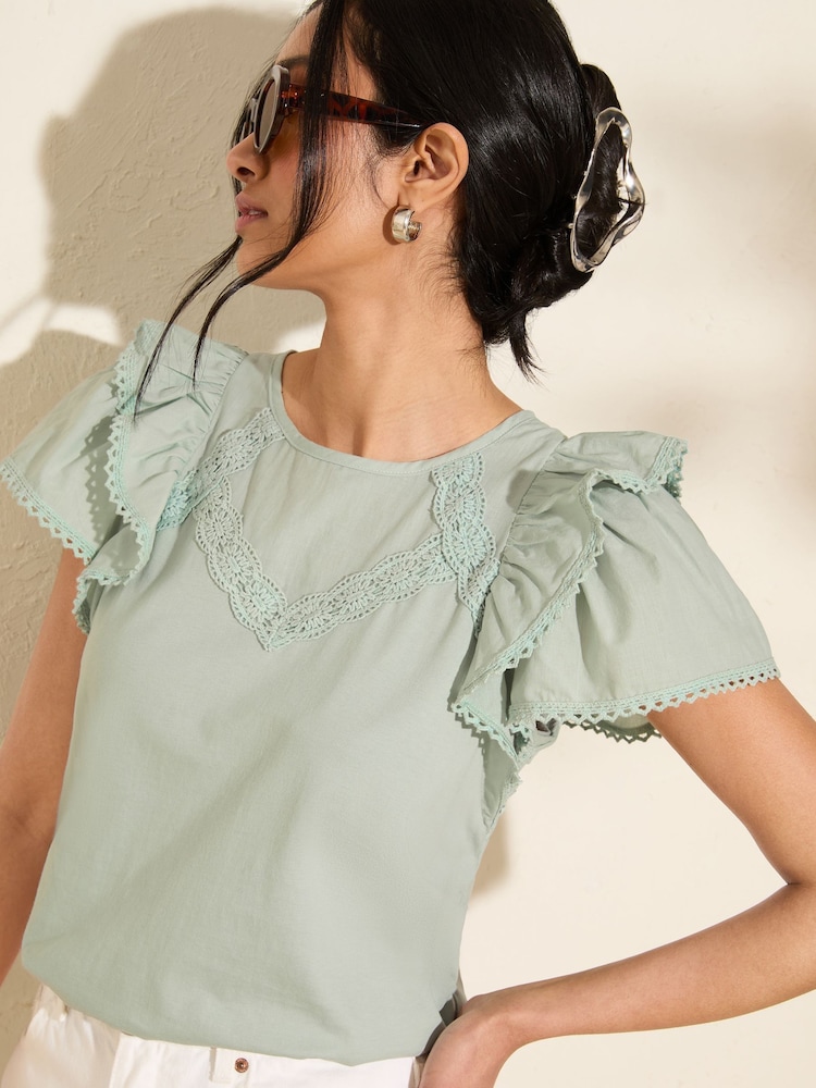 Friends Like These Sage Green Short Sleeve Jersey Woven 100% Cotton Top - Image 1 of 4