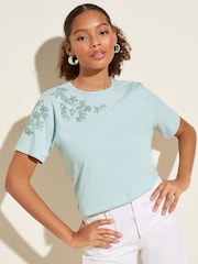 Friends Like These Pale Blue Floral Embellished 100% Cotton T-Shirt - Image 1 of 4
