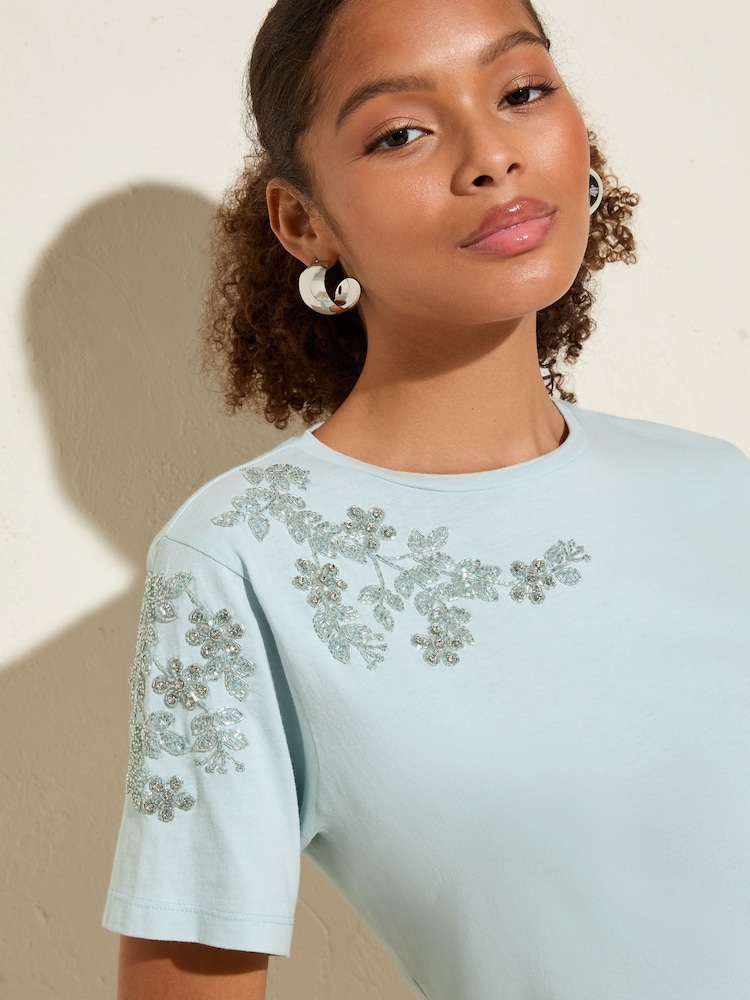 Friends Like These Pale Blue Floral Embellished 100% Cotton T-Shirt - Image 2 of 4