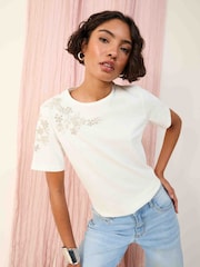 Friends Like These Cream Floral Embellished 100% Cotton T-Shirt - Image 1 of 4