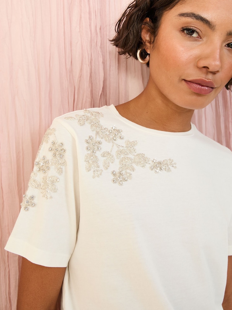 Friends Like These Cream Floral Embellished 100% Cotton T-Shirt - Image 2 of 4