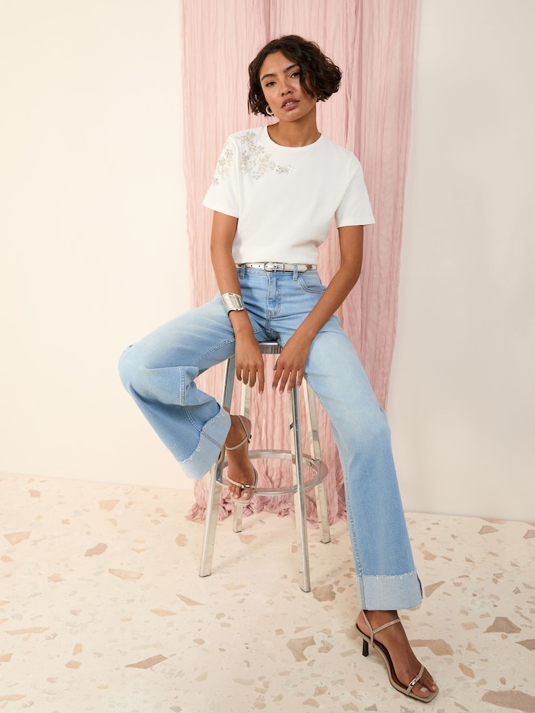 Friends Like These Cream Floral Embellished 100% Cotton T-Shirt - Image 3 of 4