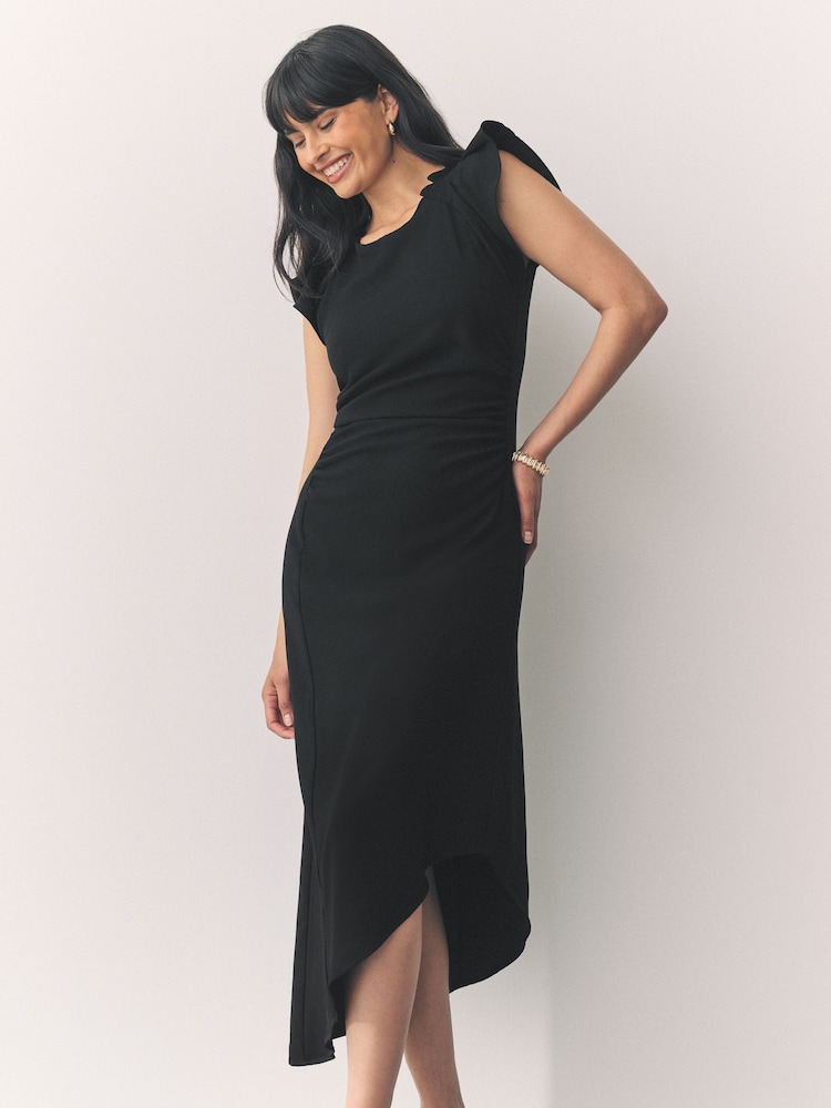 Black Ruched Short Sleeve Midi Dress - Image 1 of 7 Black Ruched Short Sleeve Midi Dress - Image 1 of 7