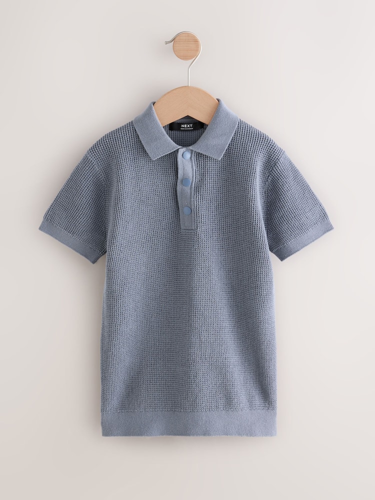 Синий - 100% Cotton Short Sleeve Knitted Popper Polo Shirt (3-16yrs) - Изображение 1 из 4
