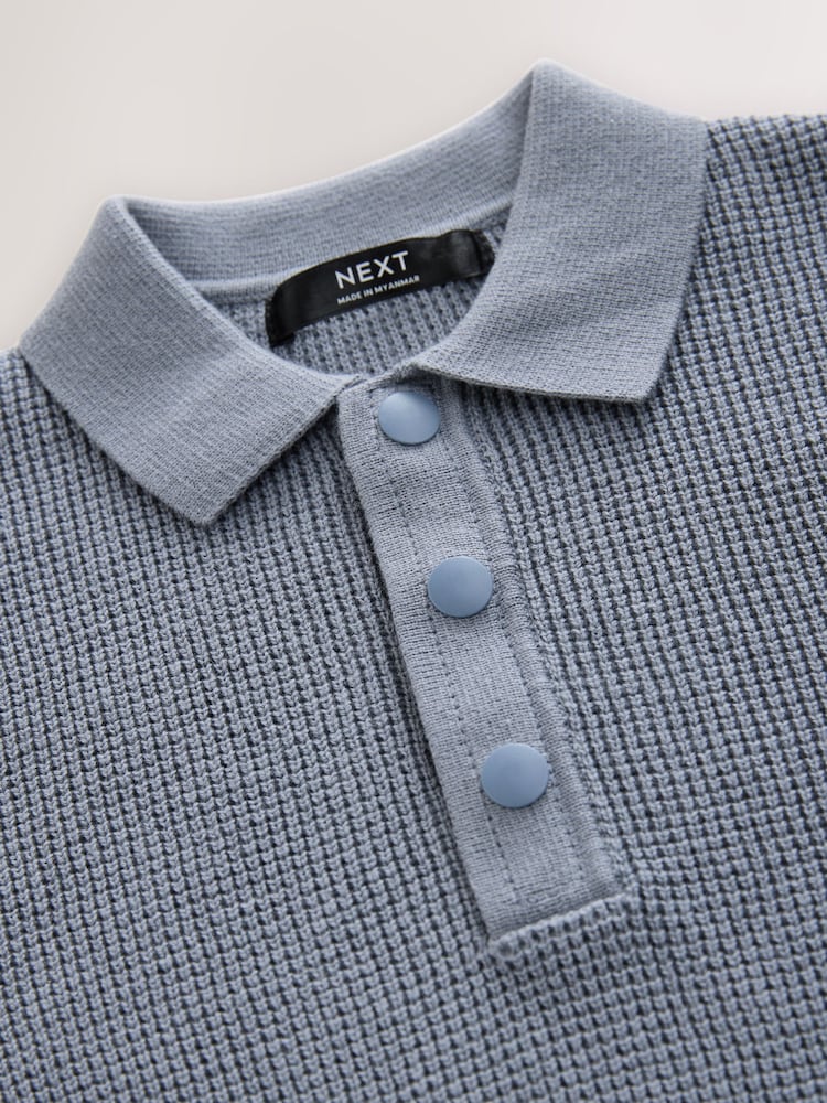 Blue 100% Cotton Short Sleeve Knitted Popper Polo Shirt (3-16yrs) - Image 3 of 4