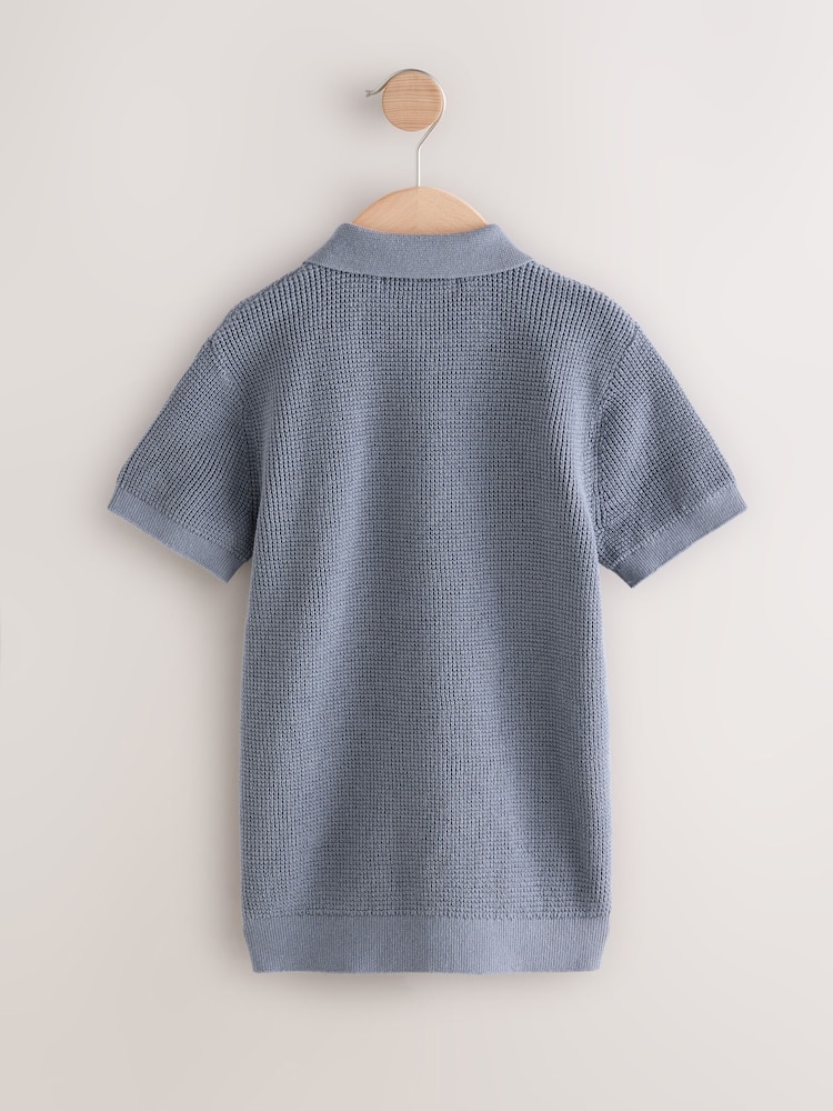Синий - 100% Cotton Short Sleeve Knitted Popper Polo Shirt (3-16yrs) - Изображение 4 из 4